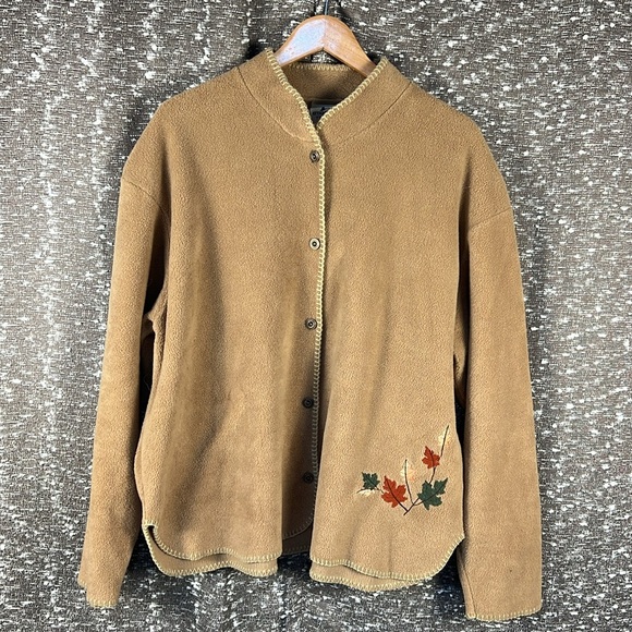 Attraction Fleece Embroidered Leaves Fall Button Up Light Jacket - Picture 1 of 8